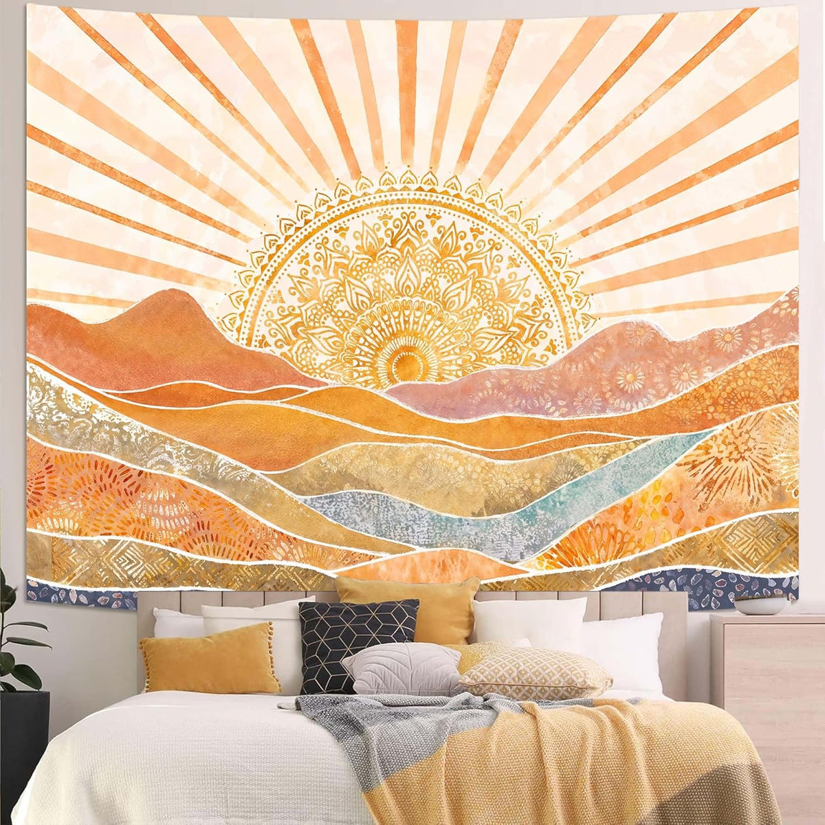 Lunerfex Bohemian Mandala Sunrise Wall Tapestry, Abstract Mountain Scenery Tapestries for Home