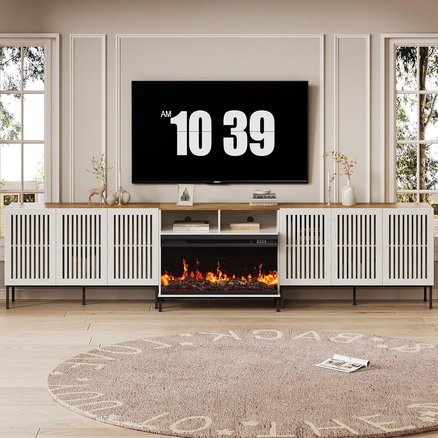 3-Sided Glass Farmhouse Fireplace TV Stand for TVs Up to 110 Inch, Entertainment Center with 36"