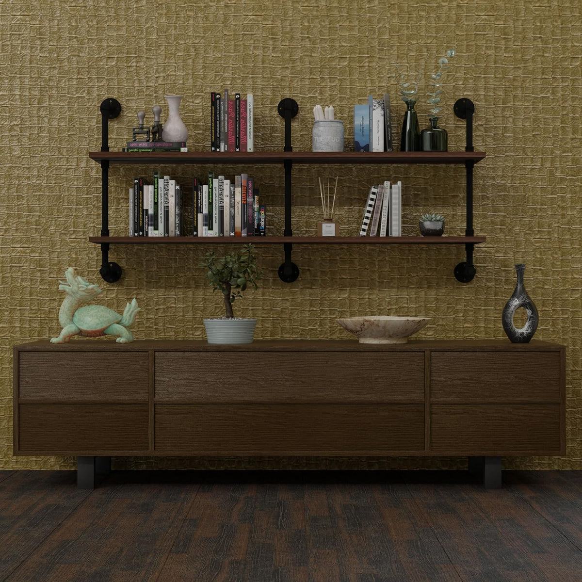 Industrial Pipe Wall Shelves Pipe Shelving with Real Wood Plank ,60 Inches Floating Shelves for