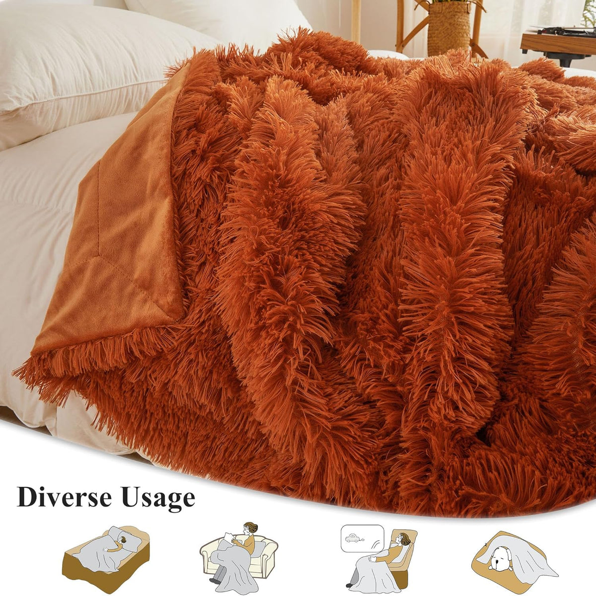 XeGe Luxury Faux Fur Throw, Burnt Orange Soft 50x60 Fluffy Blanket, Shaggy Plush Decorative Couch