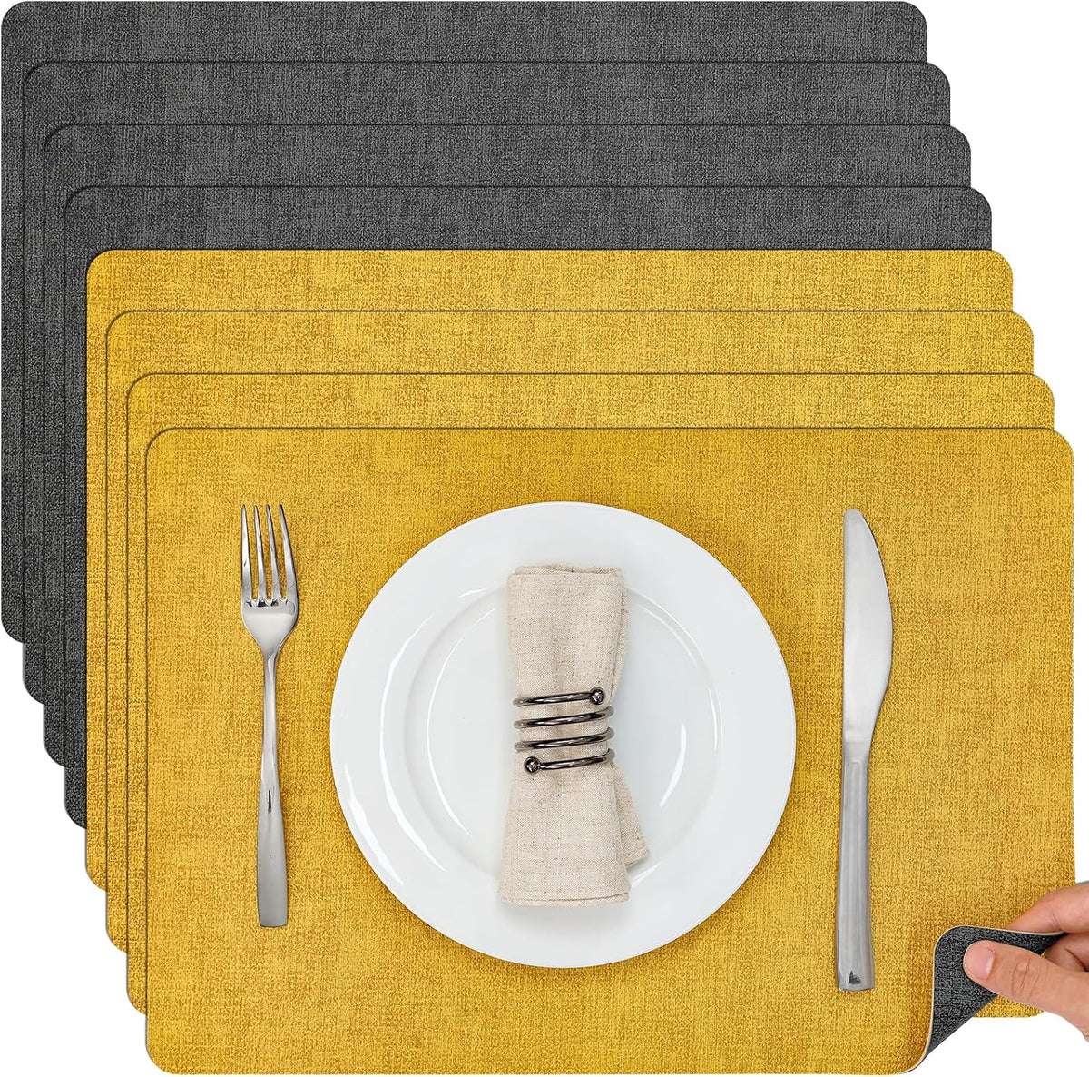 Myir JUN Placemats Dual Sided, Faux Leather Place Mats Set of 8 Indoor Placemats for Dining Table
