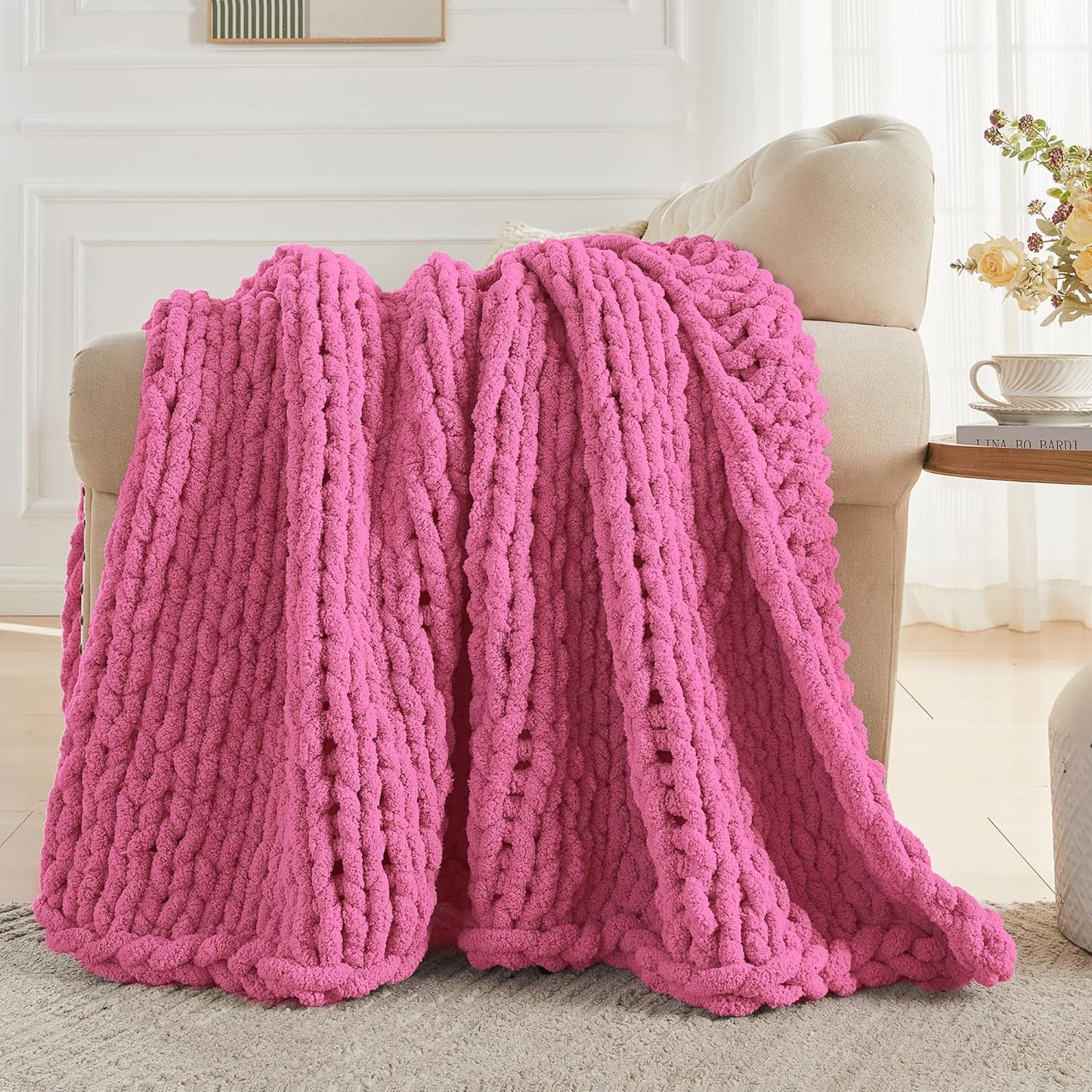 Carriediosa Chunky Knit Throw Blanket 60" X 80" Twin, 100% Hand Made Large Chenille Loop Yarn Soft