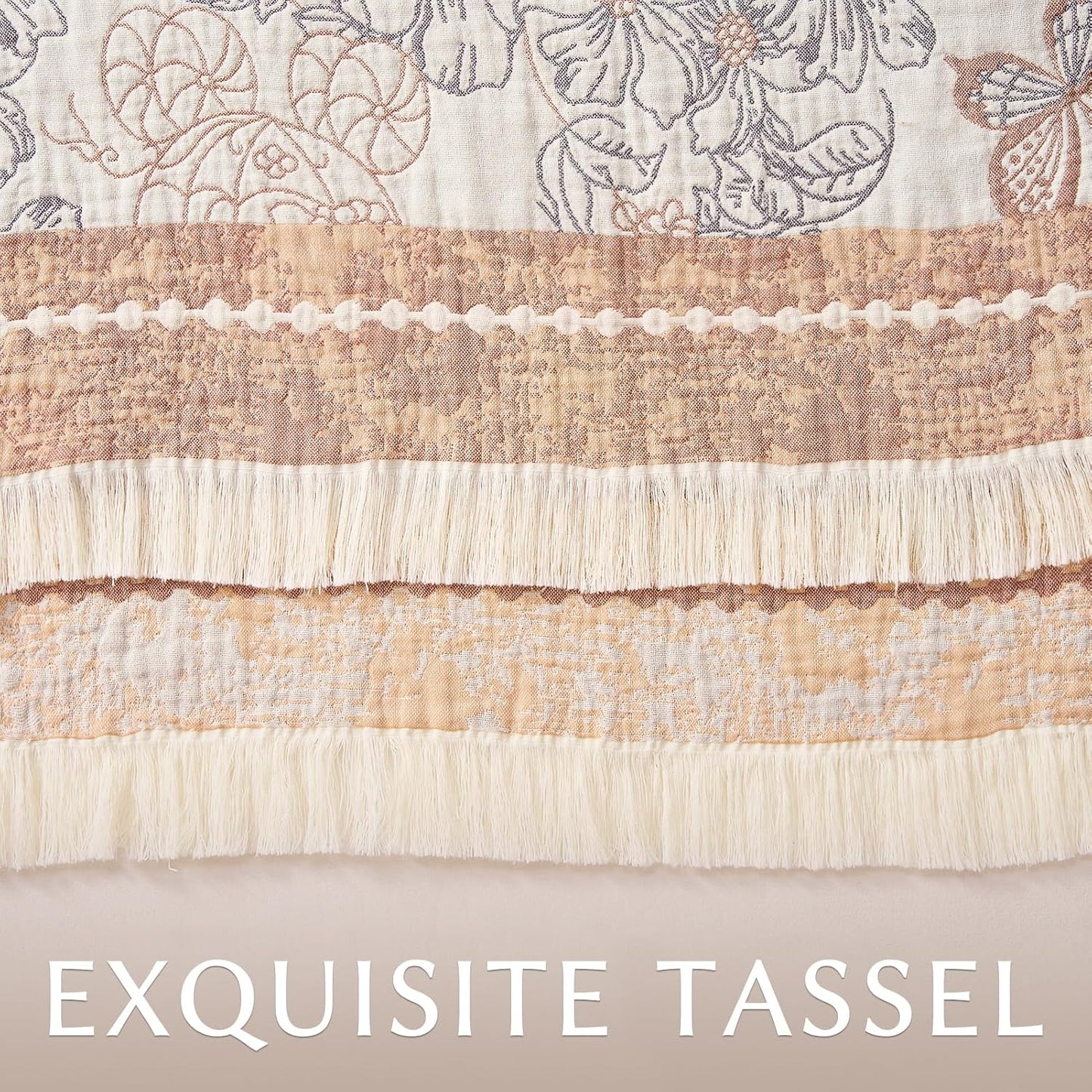 JINCHAN Boho Floral 100% Cotton Blanket 4-Layer Throw Blanket with Tassel Taupe and White Flower