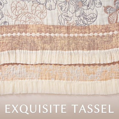 JINCHAN Boho Floral 100% Cotton Blanket 4-Layer Throw Blanket with Tassel Taupe and White Flower