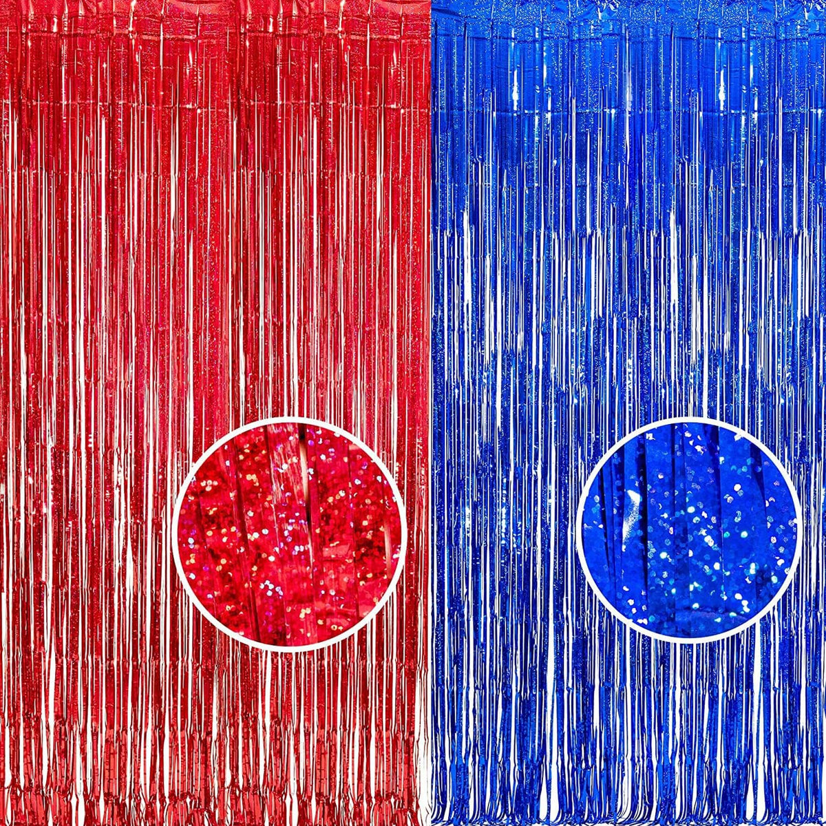 Foil Fringe Curtain 4th of July Decorations - Red Blue Metallic Tinsel Photo Booth Backdrop Party