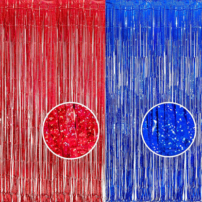 Foil Fringe Curtain 4th of July Decorations - Red Blue Metallic Tinsel Photo Booth Backdrop Party