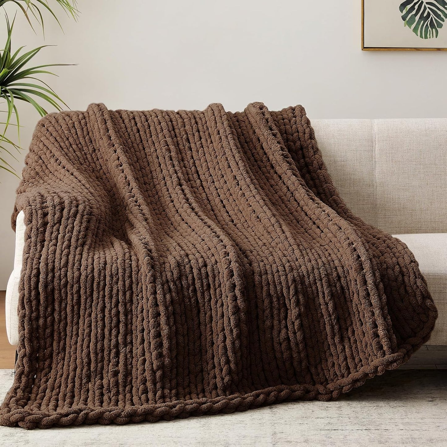 Chunky Knit Throw Blanket, 40''*50'' Knitted Throw Chenille Yarn for Bed Couch, Handmade Dark Brown