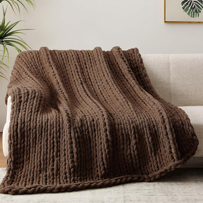 Chunky Knit Throw Blanket, 40''*50'' Knitted Throw Chenille Yarn for Bed Couch, Handmade Dark Brown