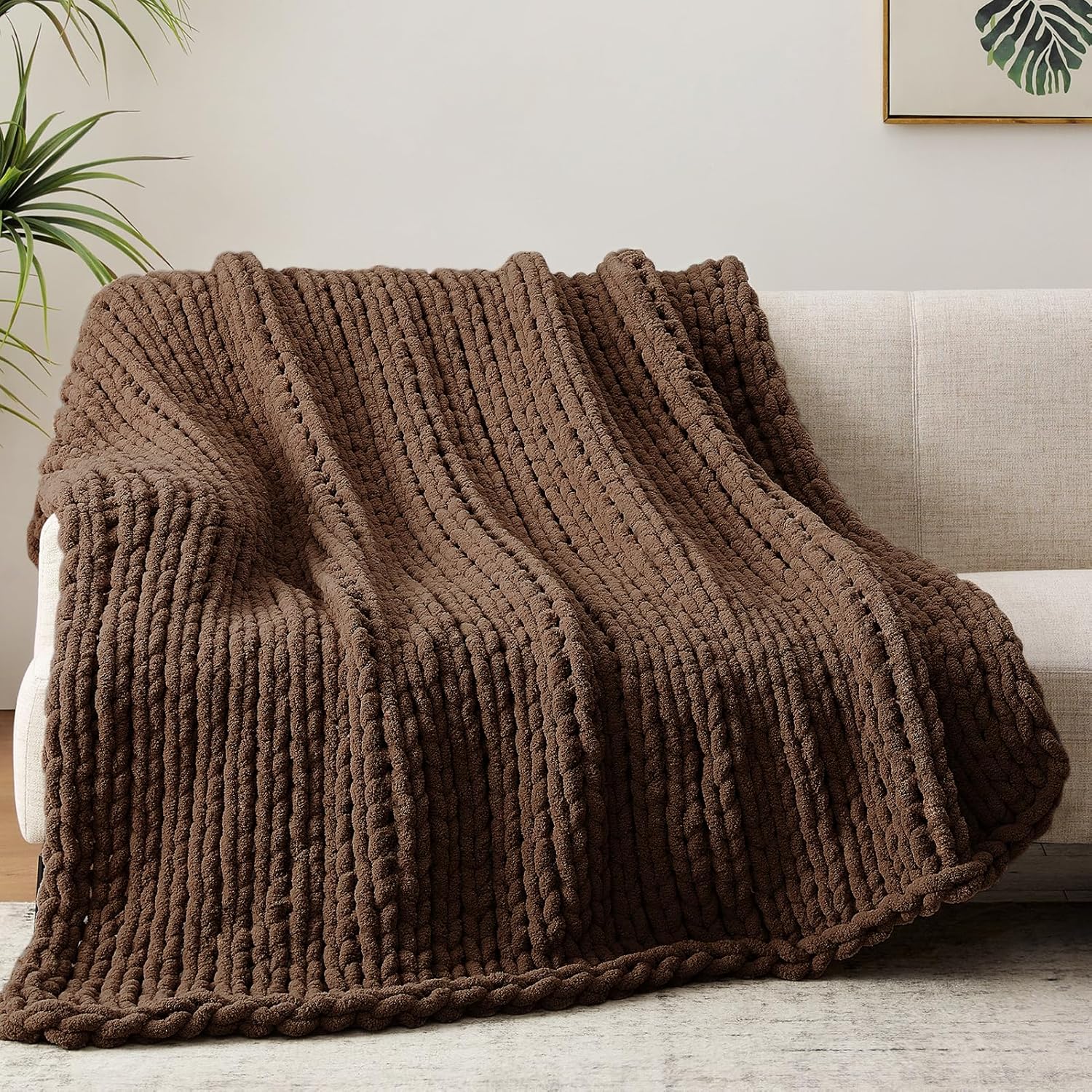 Chunky Knit Throw Blanket, 30''*40'' Knitted Throw Chenille Yarn for Bed Couch, Handmade Dark Brown