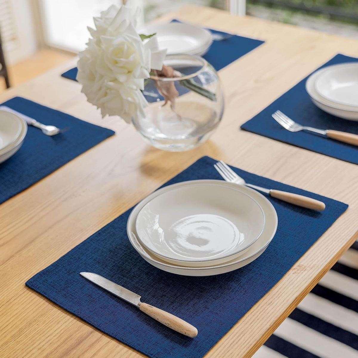Demetex Cloth Table Placemats Heat Resistant Linen Place Mats Set of 4 Navy Blue Stains Resistant