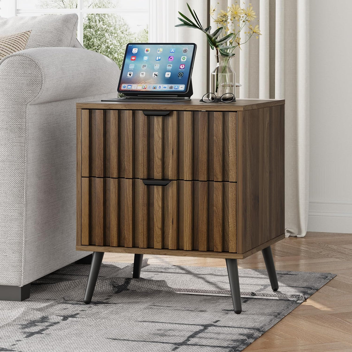 Smuxee Walnut Wooden Night Stand, Mid Century Nightstand with 2 Fluted Drawers, Bedside Table with