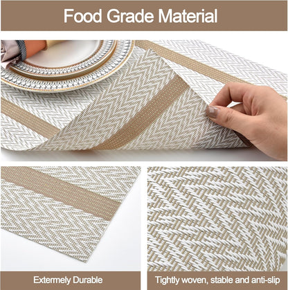 Beige White Placemats Set of 8 - Easy Clean Modern Durable Washable Vinyl Place Mats - Heat