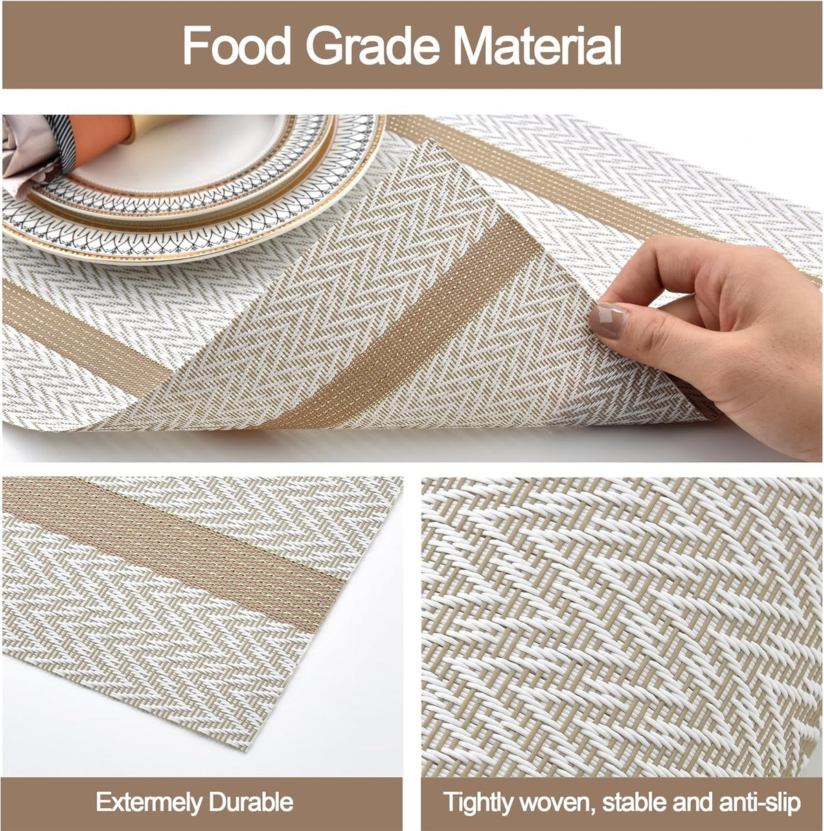 Beige White Placemats Set of 6 - Easy Clean Modern Durable Washable Vinyl Place Mats - Heat