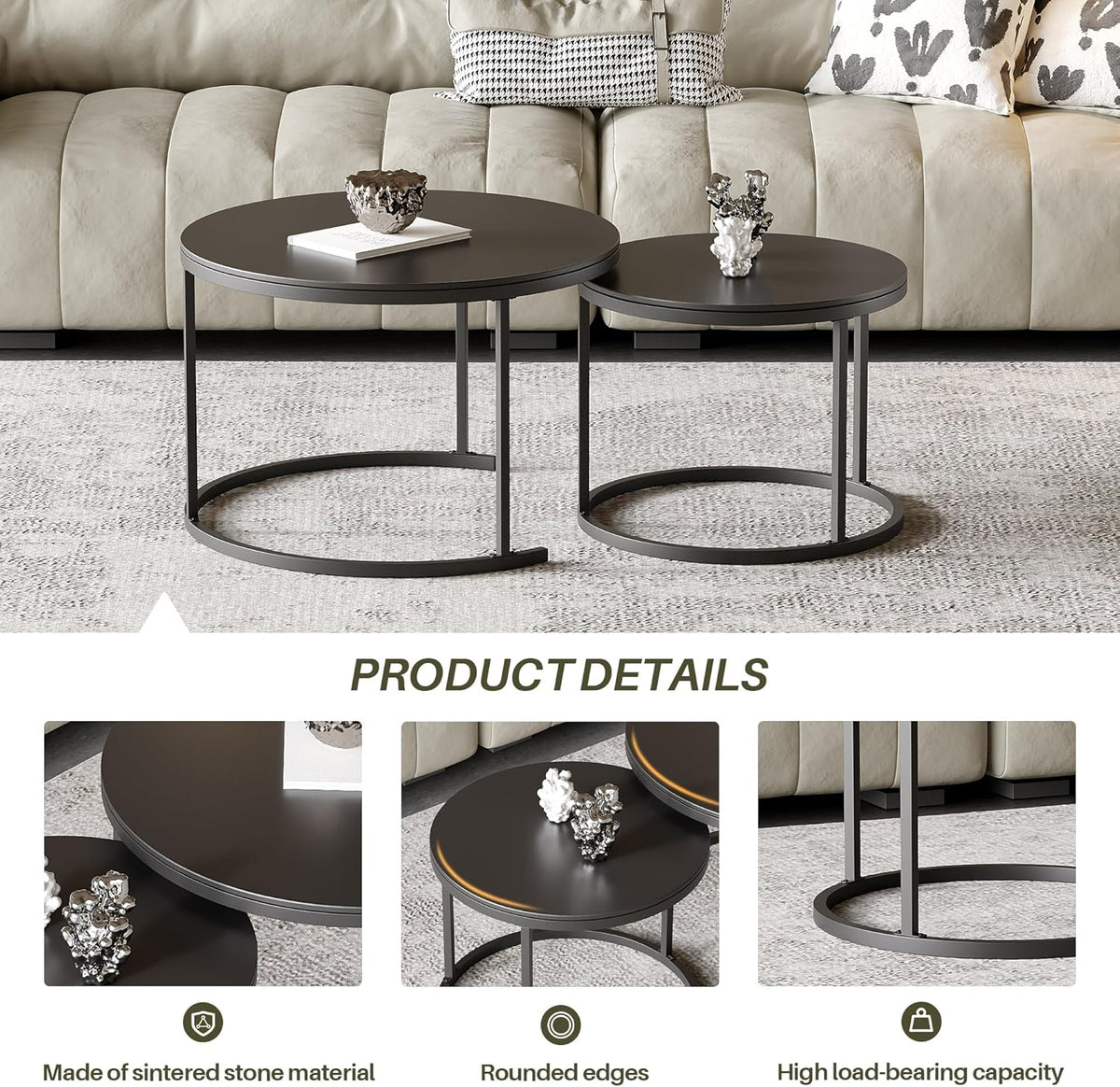 Round Nesting Coffee Table, Black Modern Decorative Coffee Center Table Set of 2,Round Sintered
