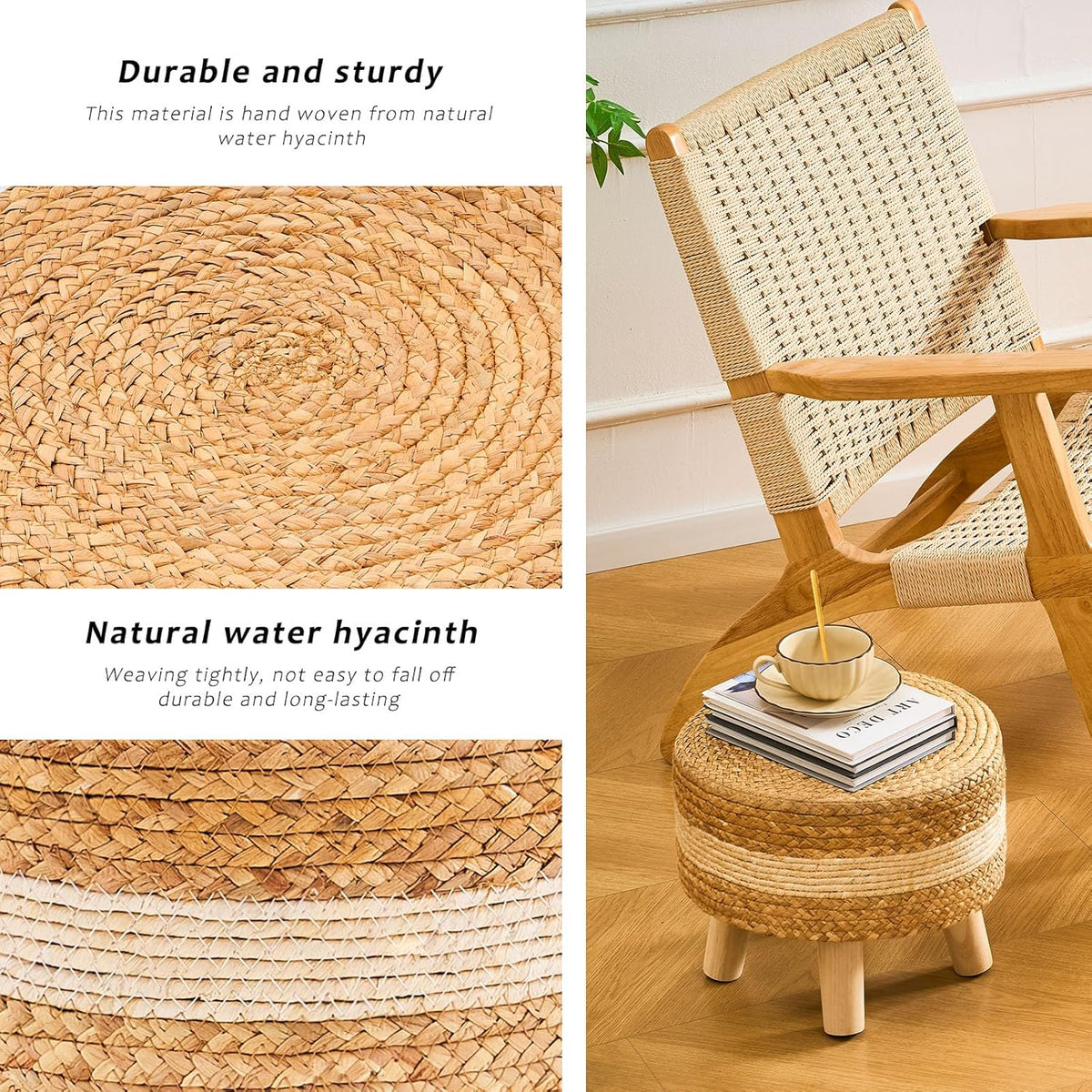 Handwoven Round Ottoman, Natural Water Hyacinth Outdoor Patio Pouf Seagrass Low Stool with Wood
