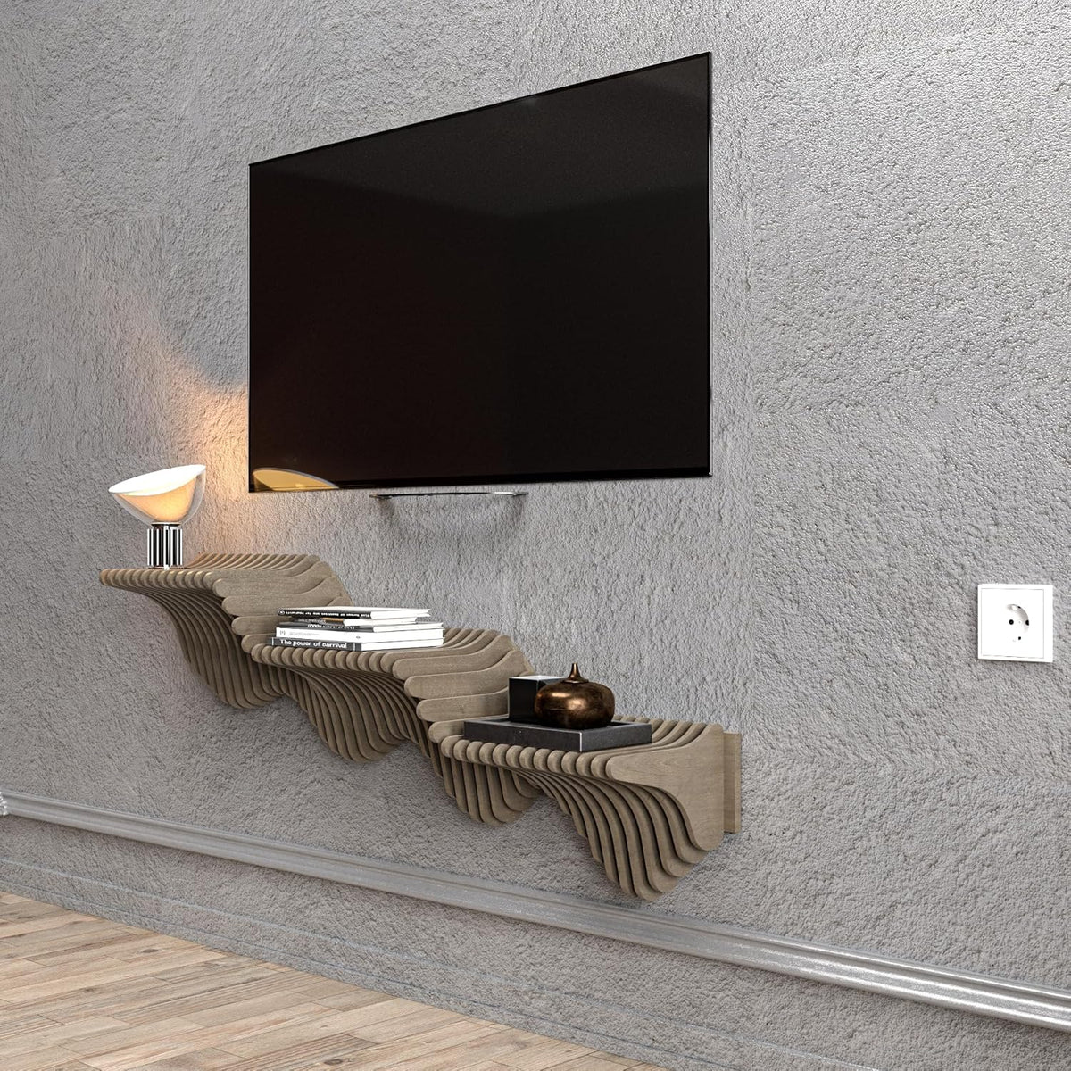 Parametric 40 inch Floating Shelf TV Unit Modern Geometric Wooden Wall Piece Decor Natural Oak