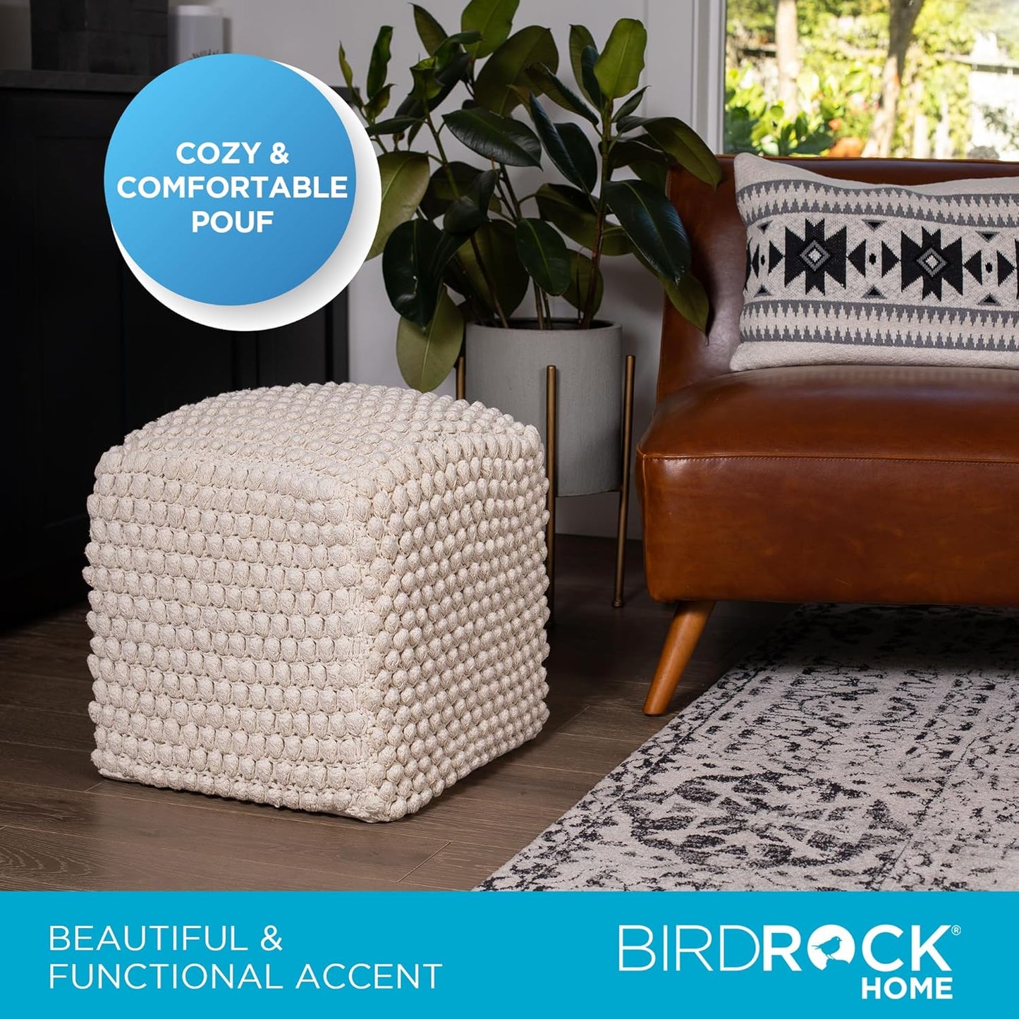 BIRDROCK HOME Bud Pouf Foot Stool Ottoman - Knit Bean Bag Floor Chair - Cotton Braided Cord - Great