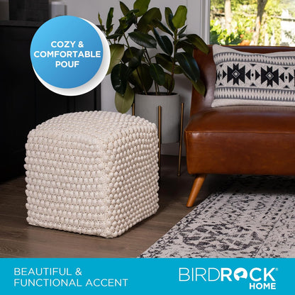 BIRDROCK HOME Bud Pouf Foot Stool Ottoman - Knit Bean Bag Floor Chair - Cotton Braided Cord - Great