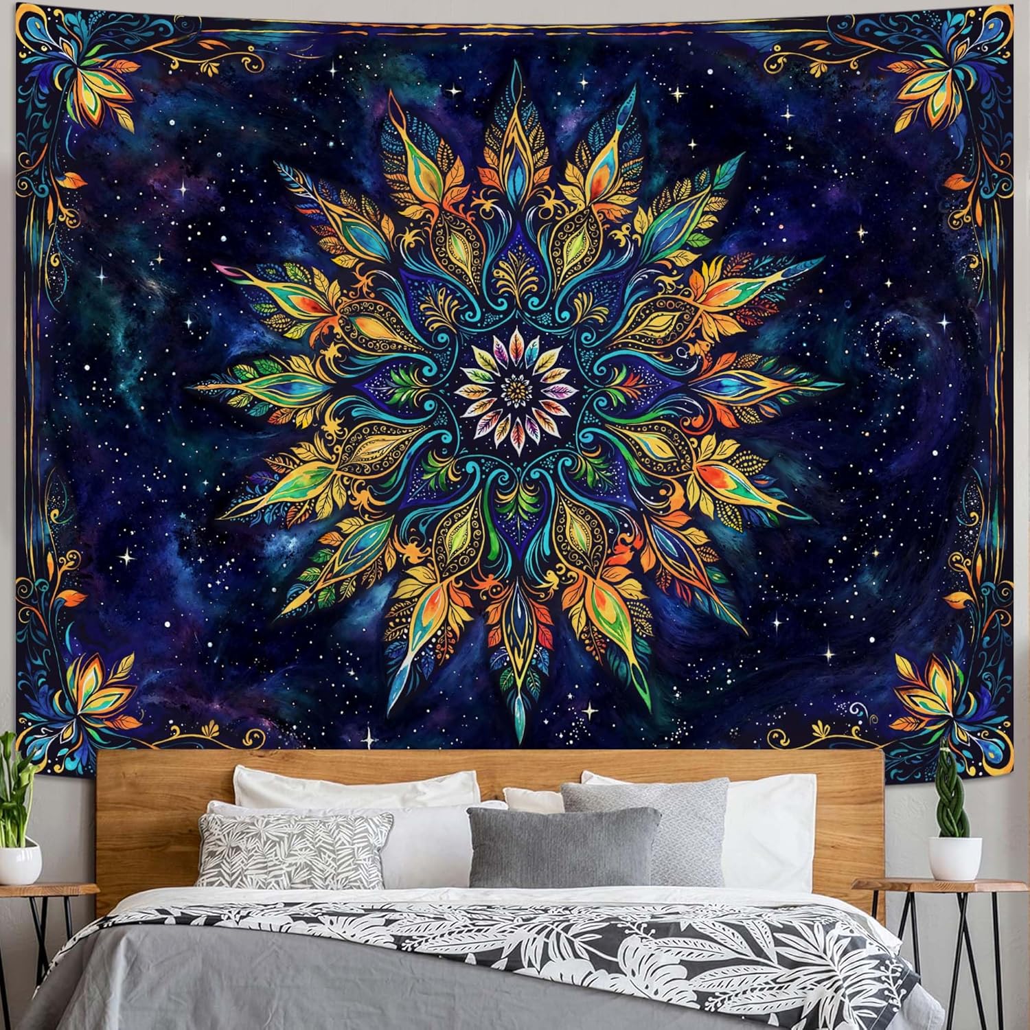 Fowocu Boho Floral Mandala Tapestry for Bedroom Aesthetic Blue Bohemian Colorful Flower Wall