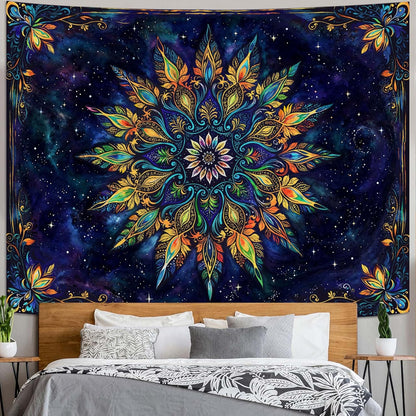 Fowocu Boho Floral Mandala Tapestry for Bedroom Aesthetic Blue Bohemian Colorful Flower Wall