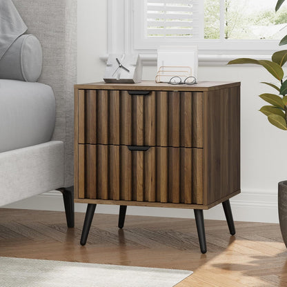 Smuxee Walnut Wooden Night Stand, Mid Century Nightstand with 2 Fluted Drawers, Bedside Table with