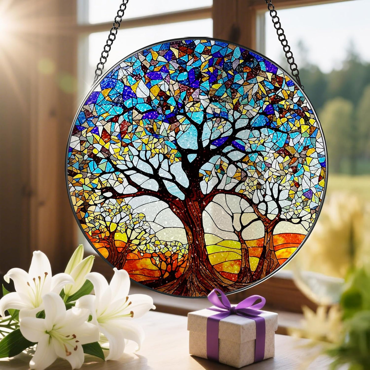 Stained Glass Window Hanging, LAOWEIKI 8'' Tree of Life Suncatcher, Stained Glass Ornament