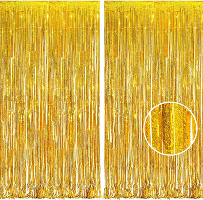 BRAVESHINE Gold Tinsel Foil Fringe Curtains - 2Pcs 3.2x8.2ft Holidays Photo Backdrop for Men 60th
