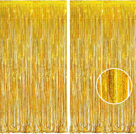 BRAVESHINE Gold Tinsel Foil Fringe Curtains - 2Pcs 3.2x8.2ft Holidays Photo Backdrop for Men 60th