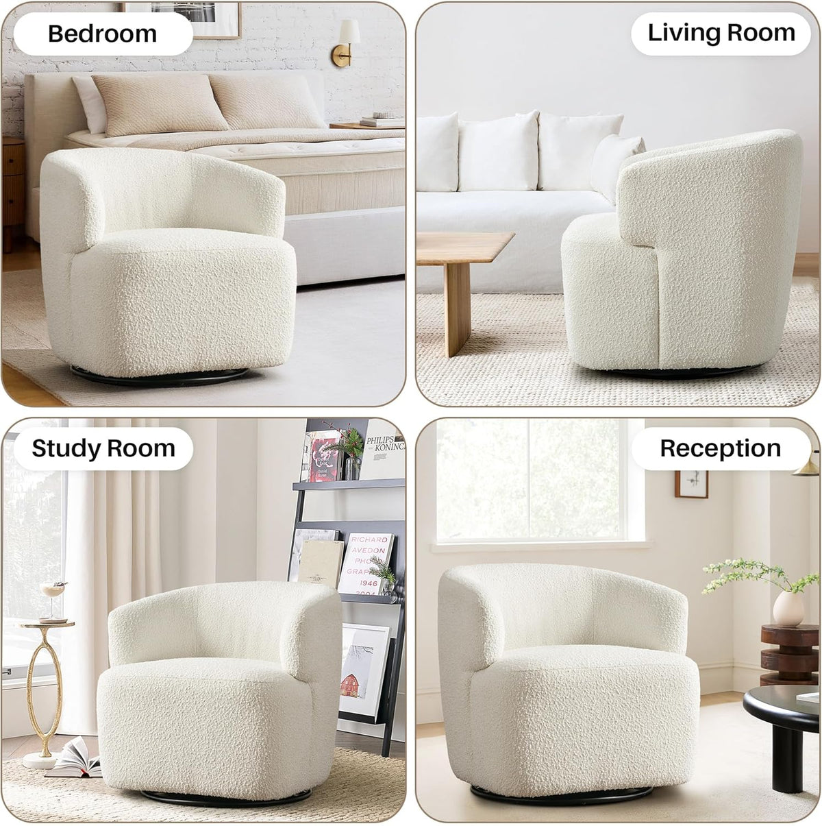 Swivel Accent Chair, Sherpa Teddy Barrel Chair for Living Room, Cozy Round Boucle Arm Chair, Metal