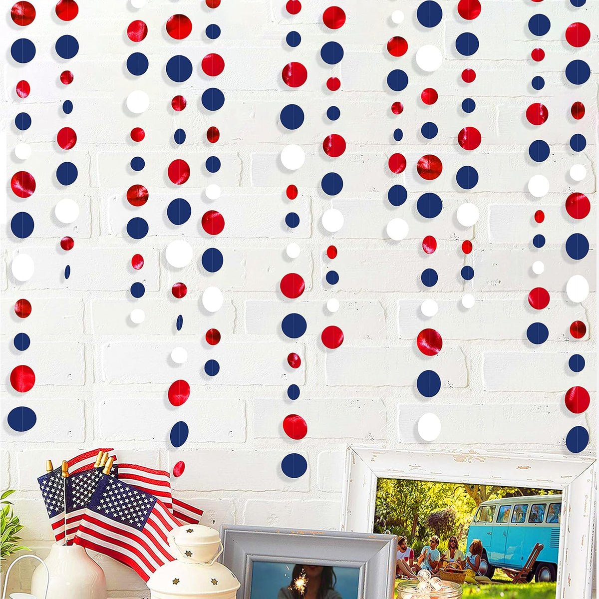 46 Ft Navy Blue Red White Circle Dots Garlands Royal Blue Red Hanging Paper Polka Dots Streamer for