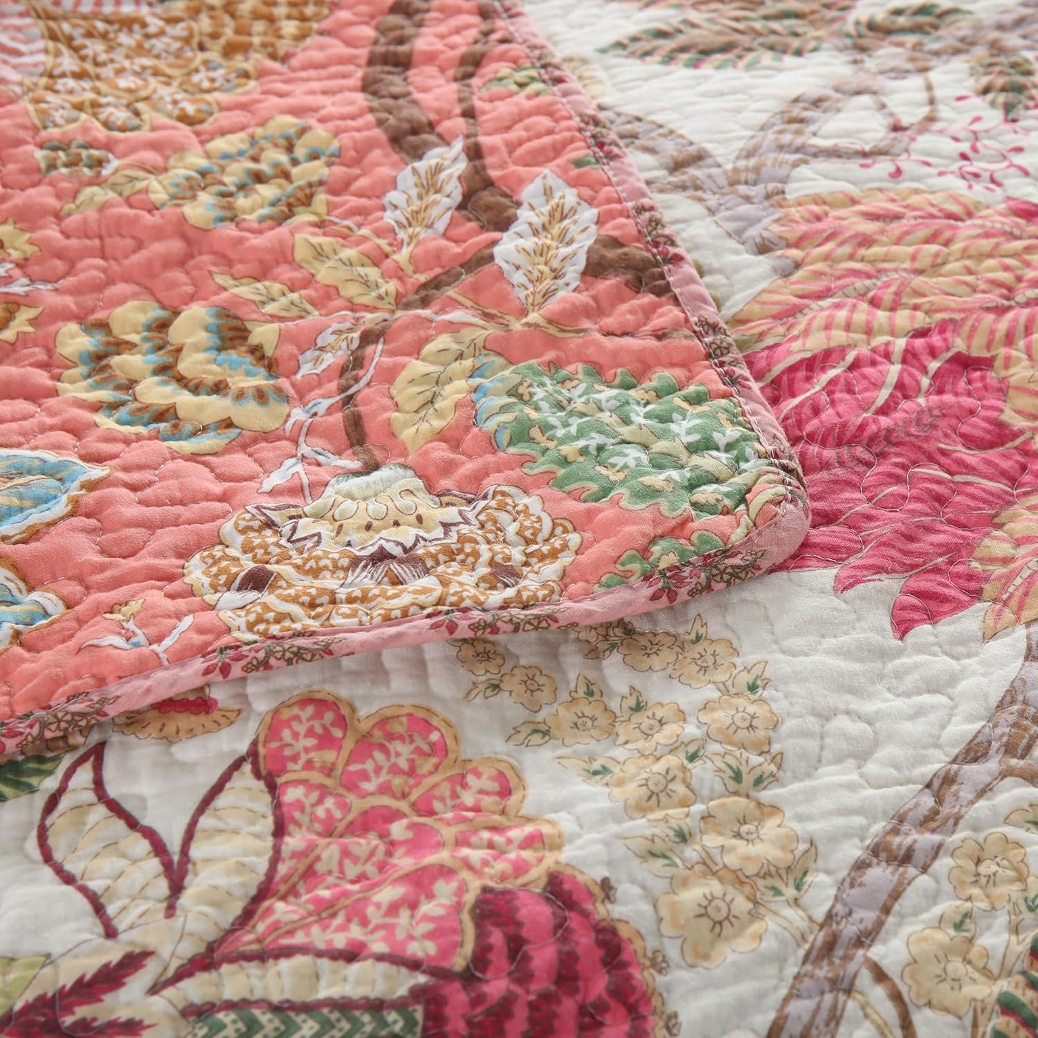NEWLAKE Cotton Patchwork Bedspread, 3-Piece Bedding Quilt Set with Real Stitched Embroidery