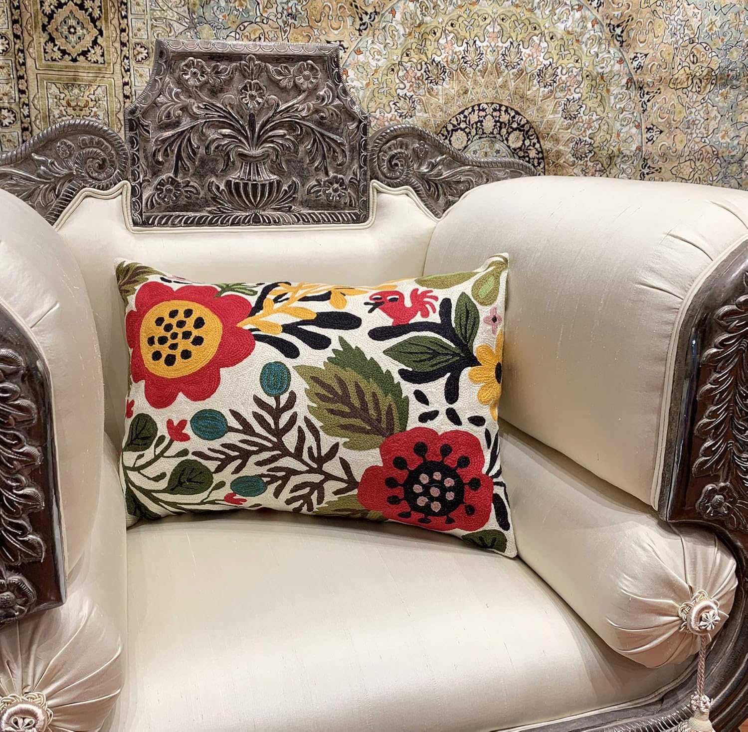 Lumbar Cream Suzani Cushions - Boho Floral Throw Pillows | Outdoor Pillows & Chair Cushions - Hand
