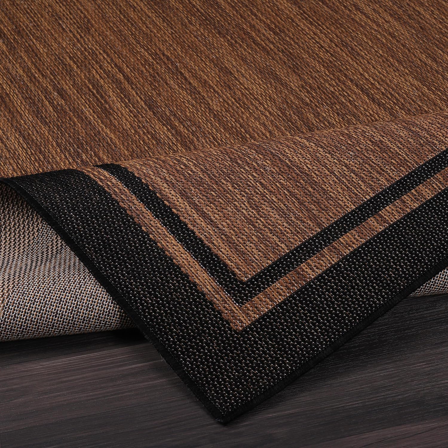 CAMILSON Indoor Outdoor Rug, 5x7 Bordered Nut Brown Black Modern Area Rugs for Indoor and Outdoor