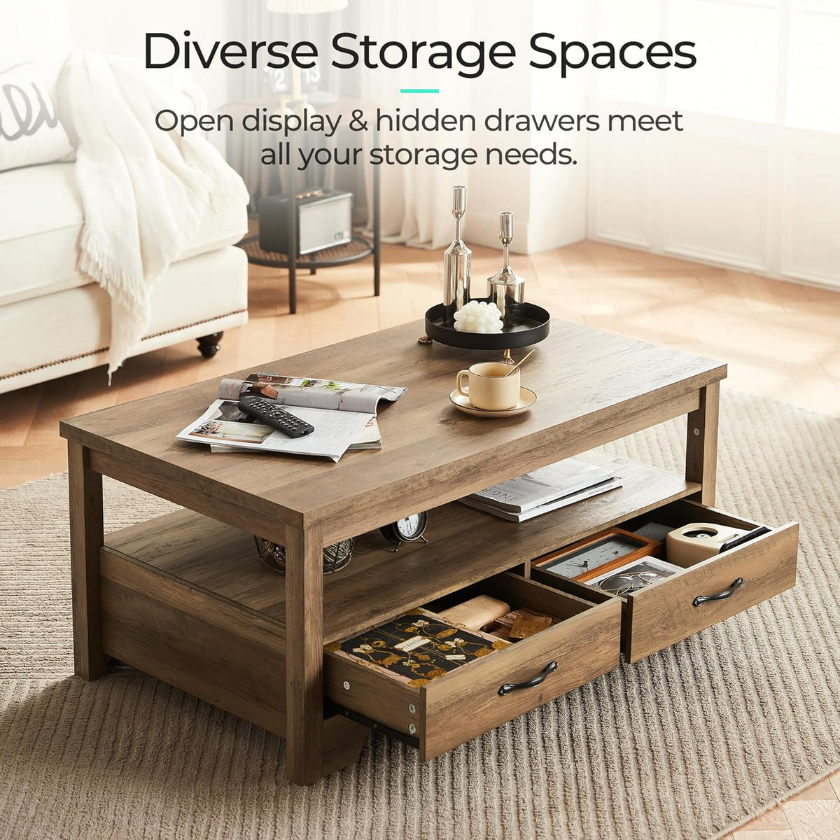 LINSY HOME Farmhouse Coffee Table with Storage, Wood Coffee Table for Living Room, Open Display