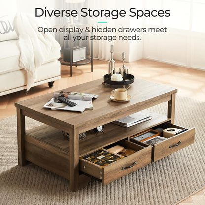 LINSY HOME Farmhouse Coffee Table with Storage, Wood Coffee Table for Living Room, Open Display