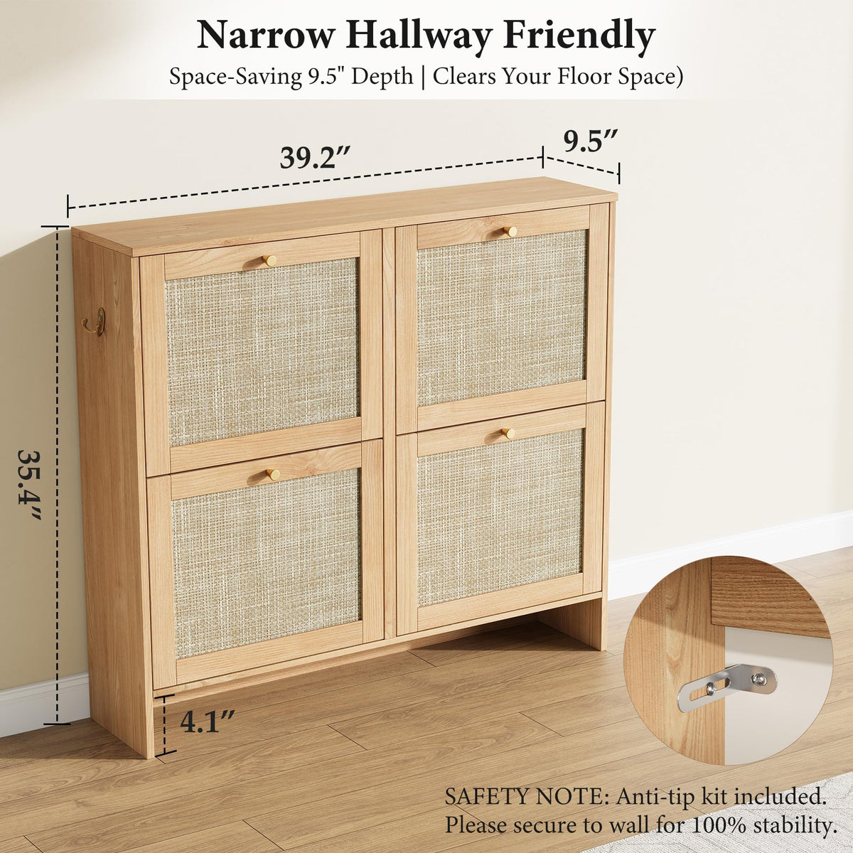 Nicetree Modern Rattan Shoe Cabinet, 4 Flip Drawers & Adjustable Shelves, Ultra Slim Freestanding
