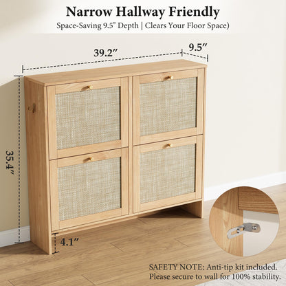 Nicetree Modern Rattan Shoe Cabinet, 4 Flip Drawers & Adjustable Shelves, Ultra Slim Freestanding