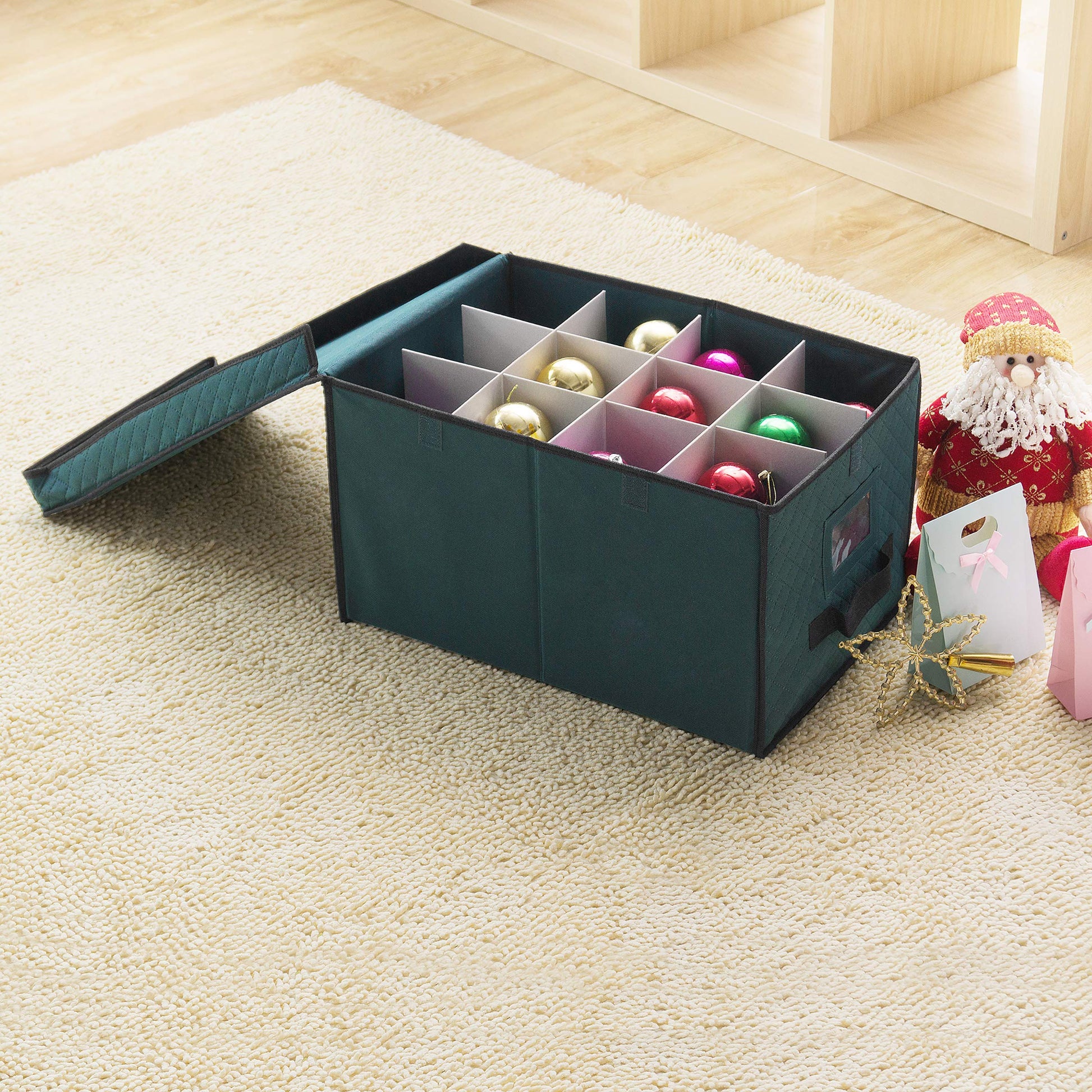Ornament Storage Box-Green Holiday Organizer Cube- 24 Individual 4” Compartments & Dividers-Flip