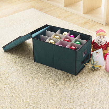 Ornament Storage Box-Green Holiday Organizer Cube- 24 Individual 4” Compartments & Dividers-Flip