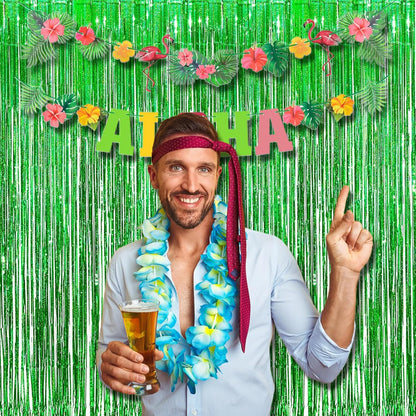 BRAVESHINE Green Metallic Tinsel Foil Fringe Curtains - 2 Pack 3.2 x 8.2 ft Metallic Photo Backdrop