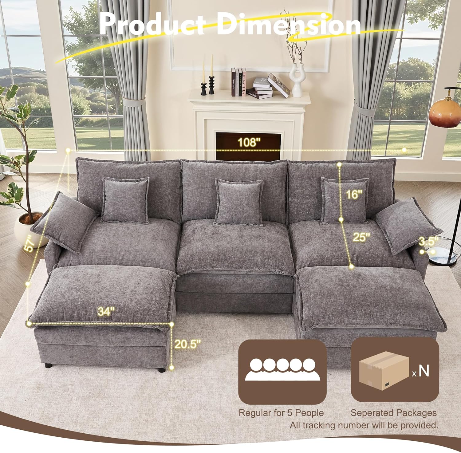 108" U Shaped Couch, Modular Sectional Sofa, 3-Seater Comfy Cloud Couch with Movable Ottoman, Deep
