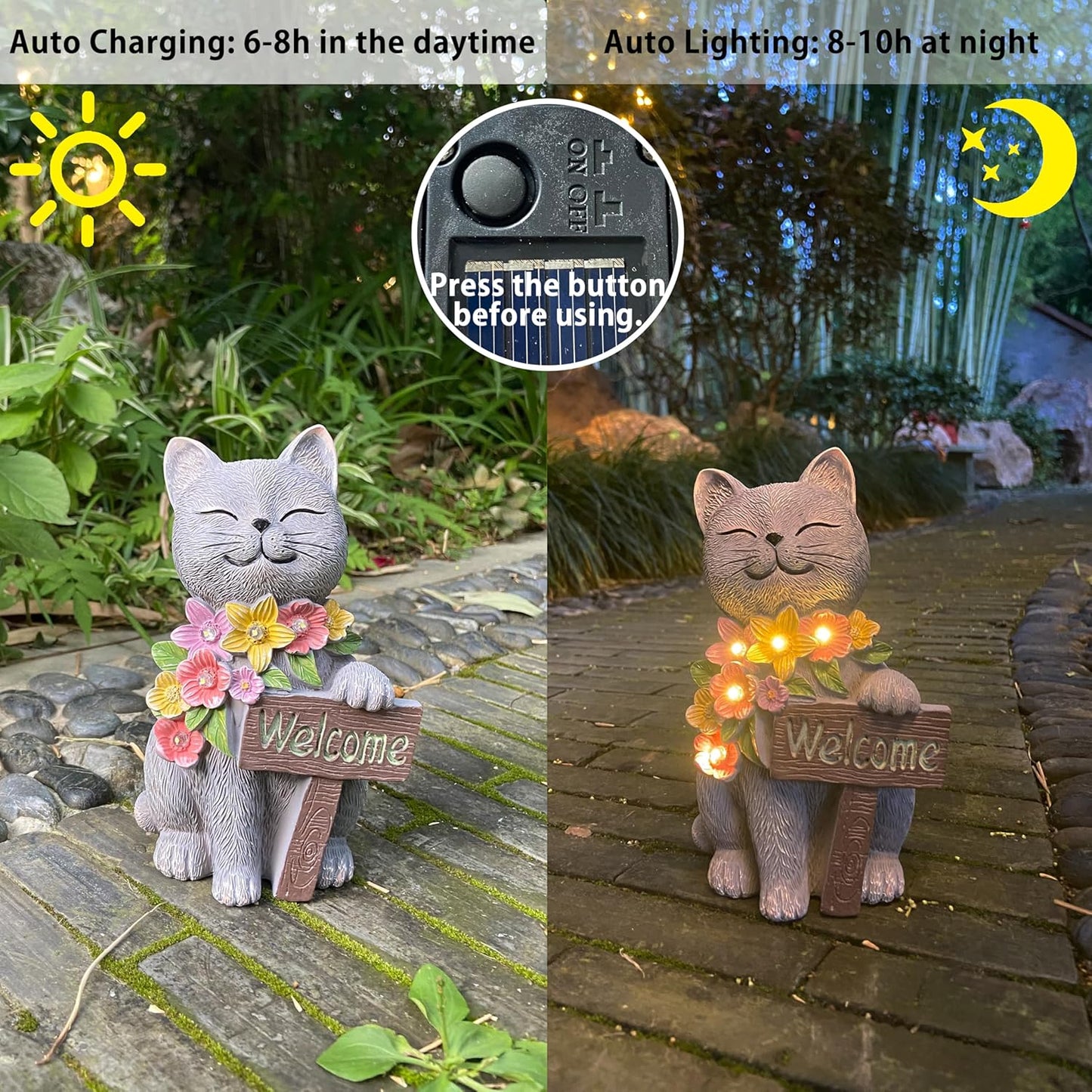 Solar Cat Garden Statue for Outdoor Decor, Cat Solar Light with Flowers, Resin Welcome Cats for