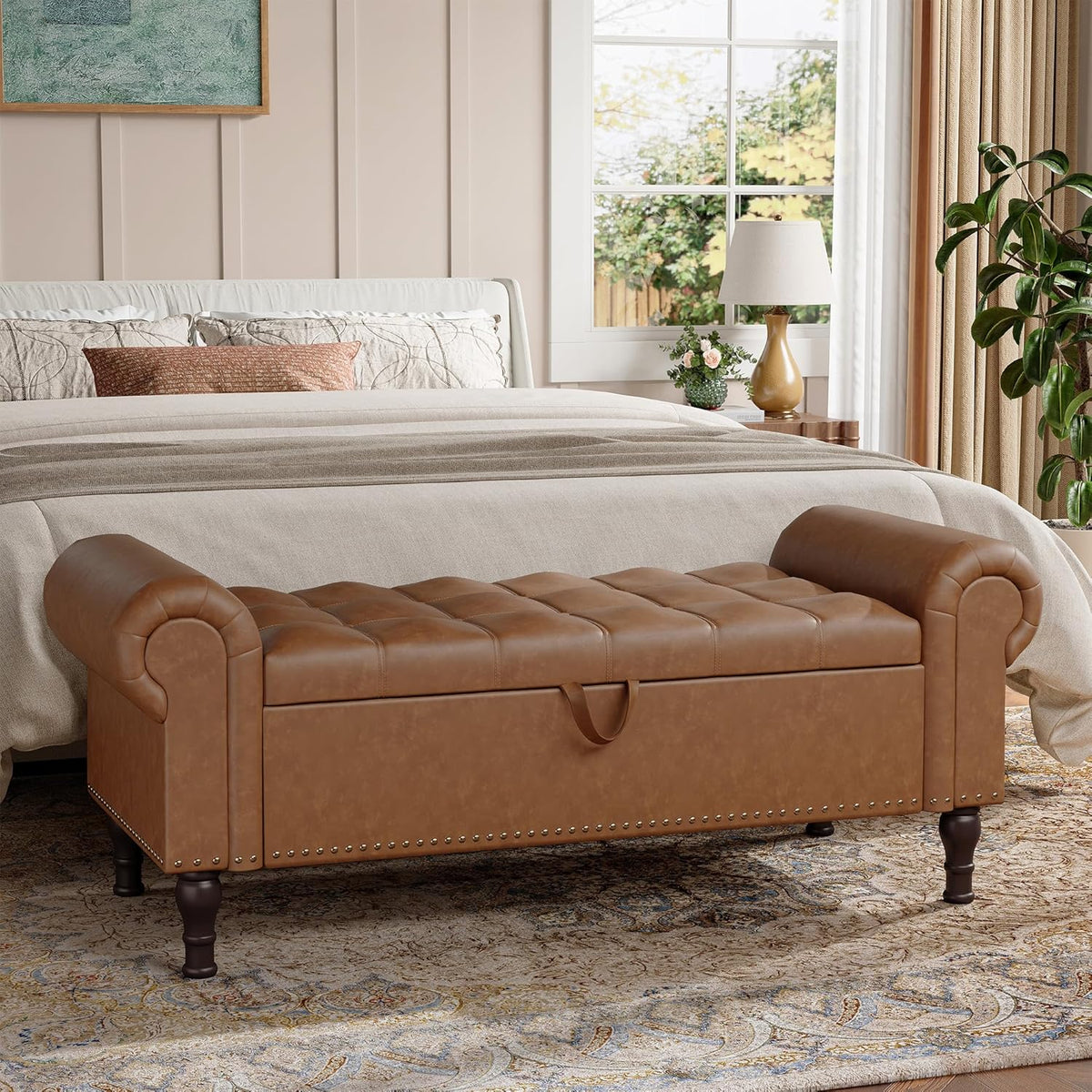 51" Storage Ottoman Bench for Bedroom, Full Queen Storage Bench with Button, Upholstered Bedroom