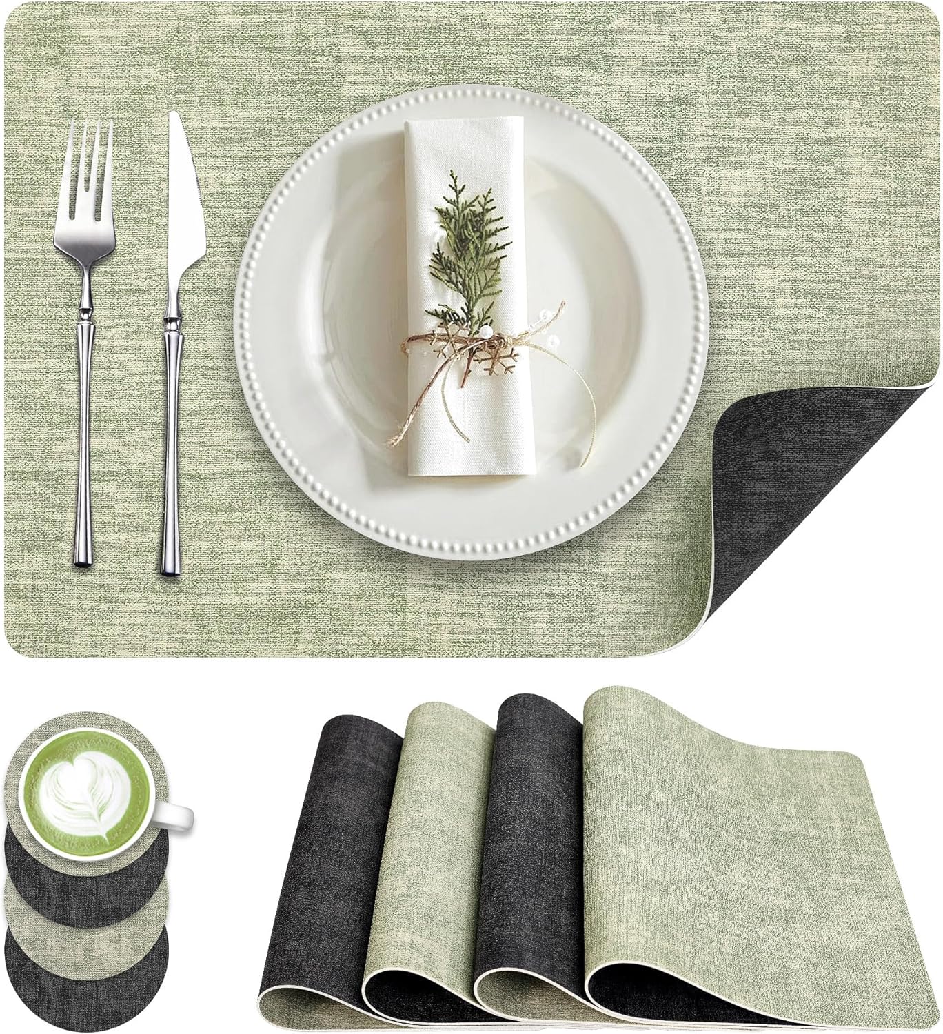 Faux Leather Dual Sided Placemats Set of 4, Square Non-Slip Heat Resistant Placemats with Coaster