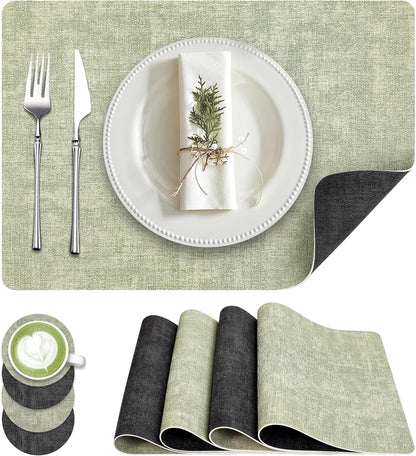 Faux Leather Dual Sided Placemats Set of 4, Square Non-Slip Heat Resistant Placemats with Coaster