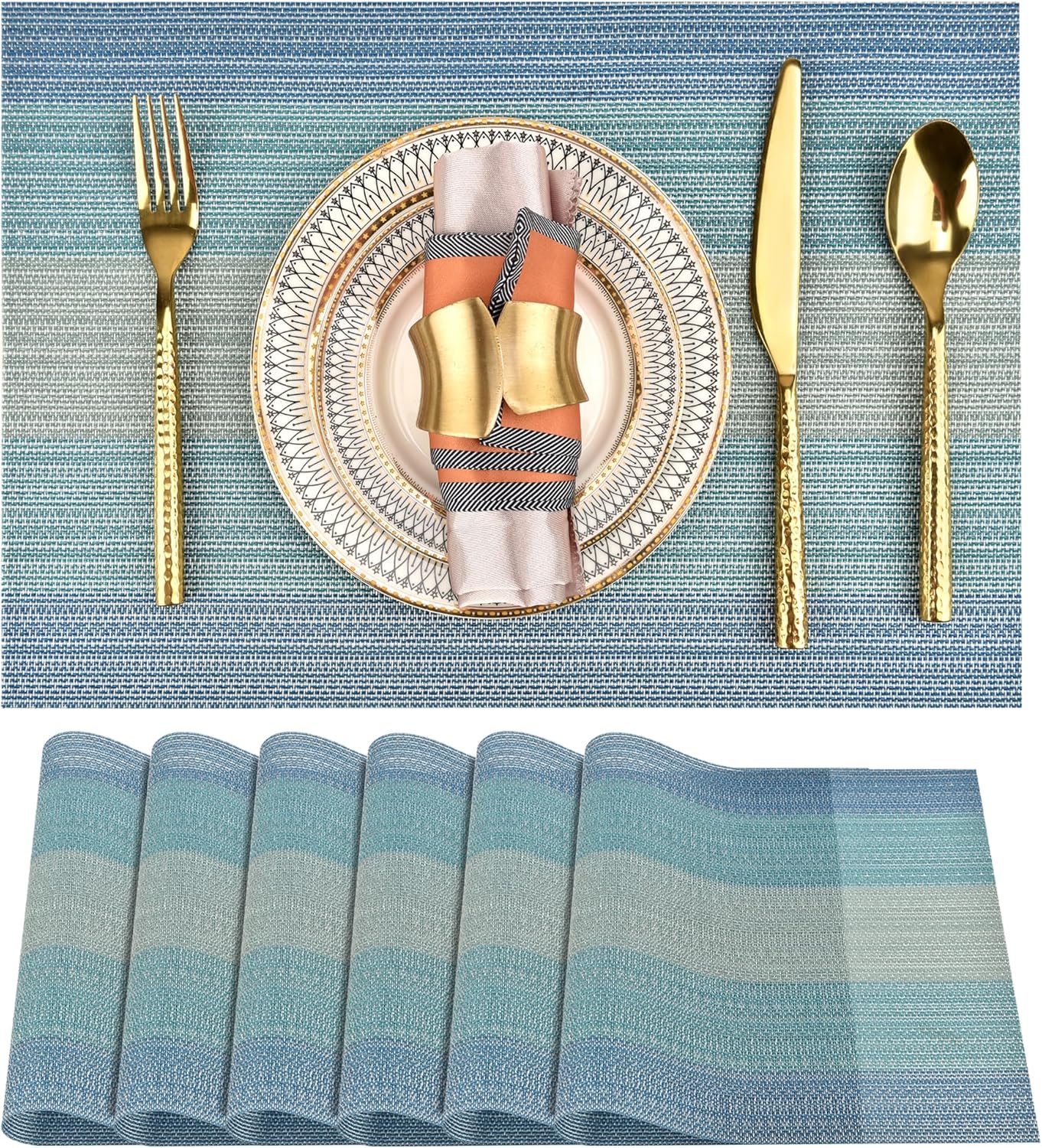 Placemats Set of 6 - Easy Clean Washable Vinyl Placemats - Wipeable Heat Resistant Table Mats for