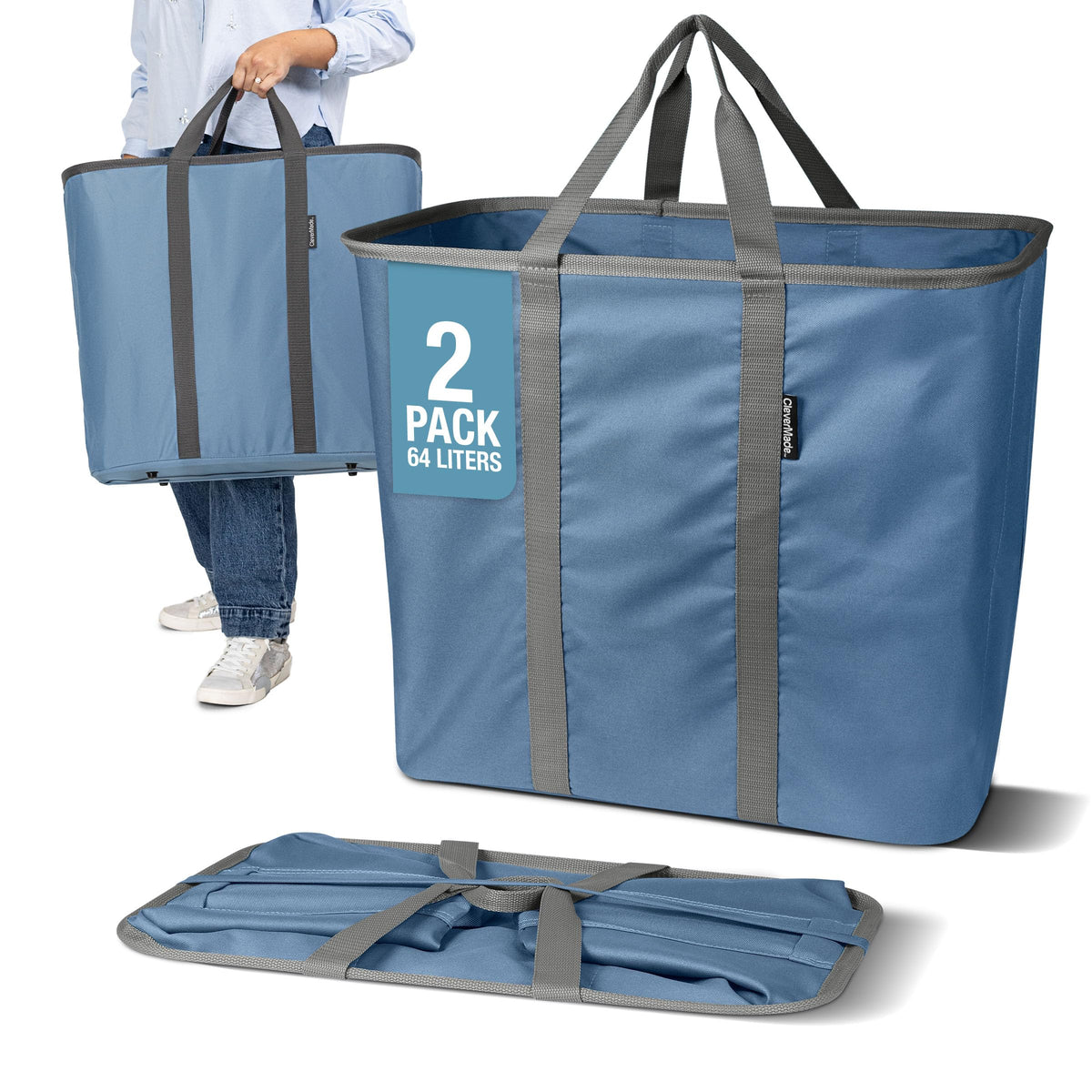 CleverMade Collapsible Laundry Caddy, 64L Pop-Up Hamper, 2 Pack, Denim Gray