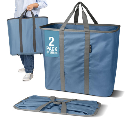 CleverMade Collapsible Laundry Caddy, 64L Pop-Up Hamper, 2 Pack, Denim Gray