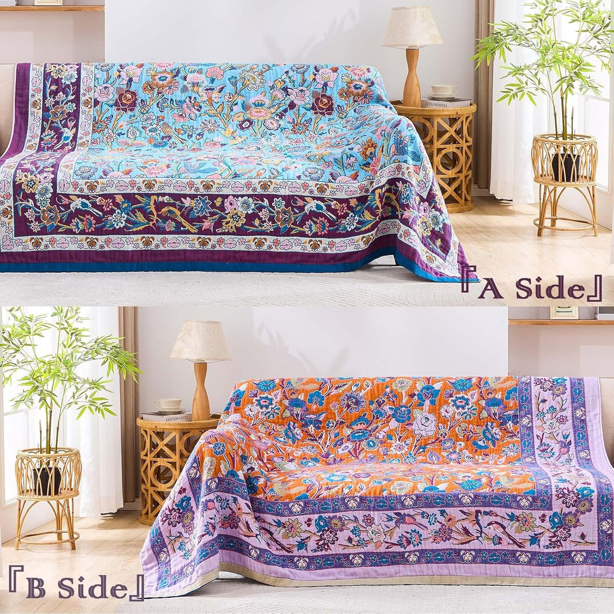 Fall Blanket for Bed, 100% Cotton Soft Rustic Boho Throw Blanket Quilt, 80"x90" Farmhouse Decor Bed
