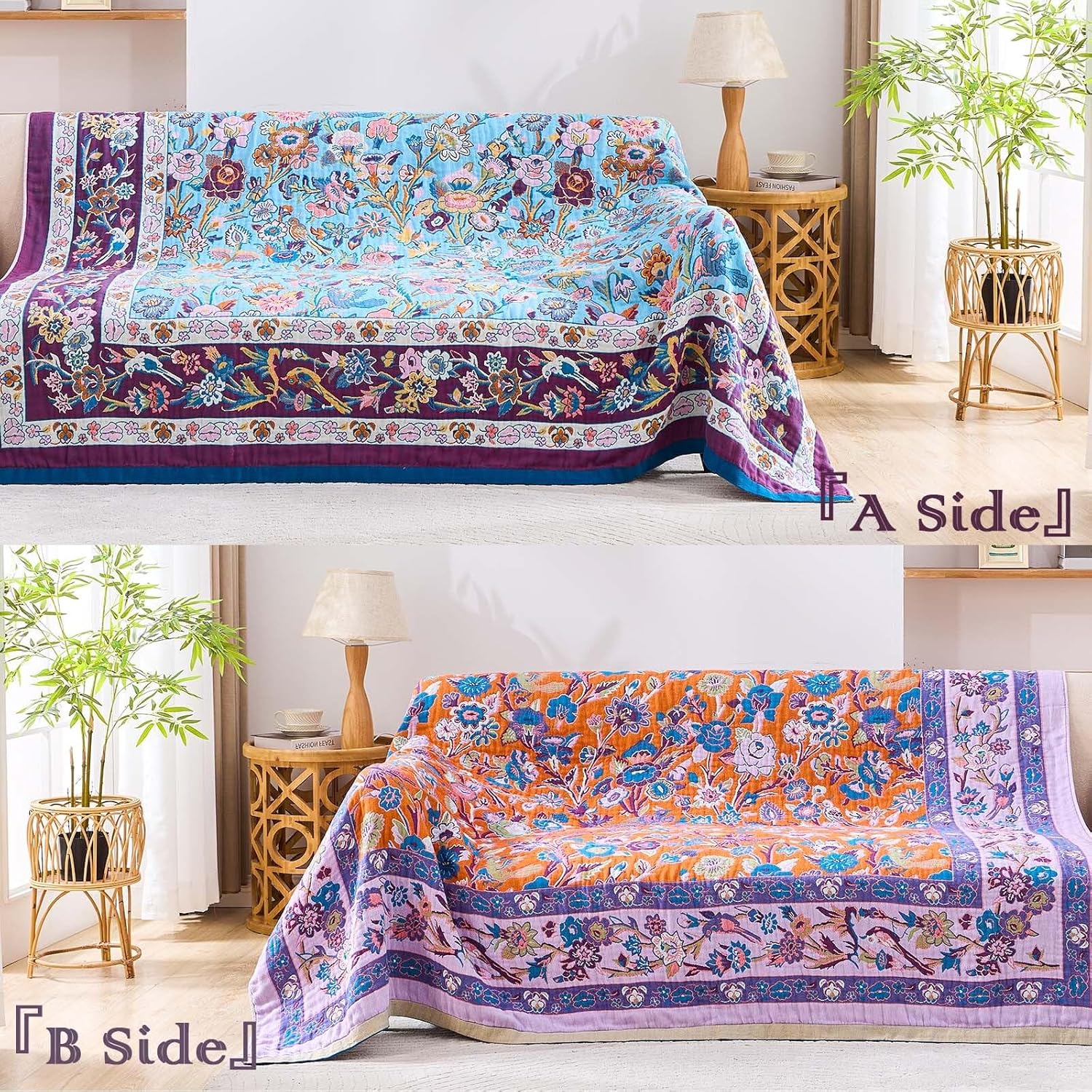 Fall Blanket for Bed, 100% Cotton Soft Rustic Boho Throw Blanket Quilt, 80"x90" Farmhouse Decor Bed